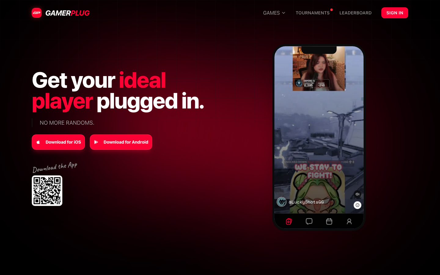 GamerPlug landing page with the mobile app in a phone frame
