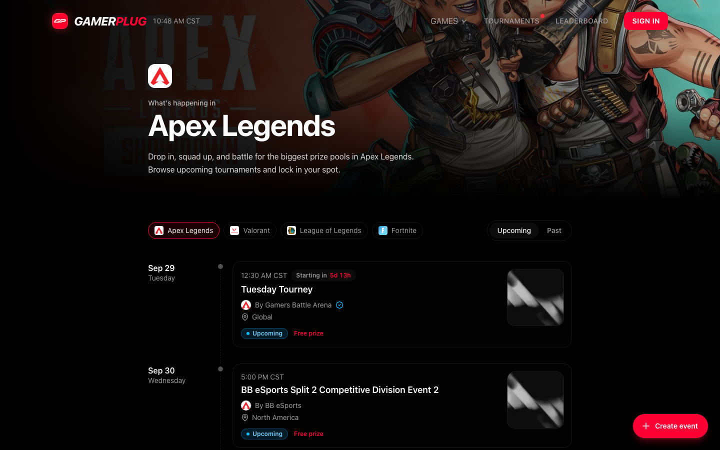 GamerPlug tournaments page