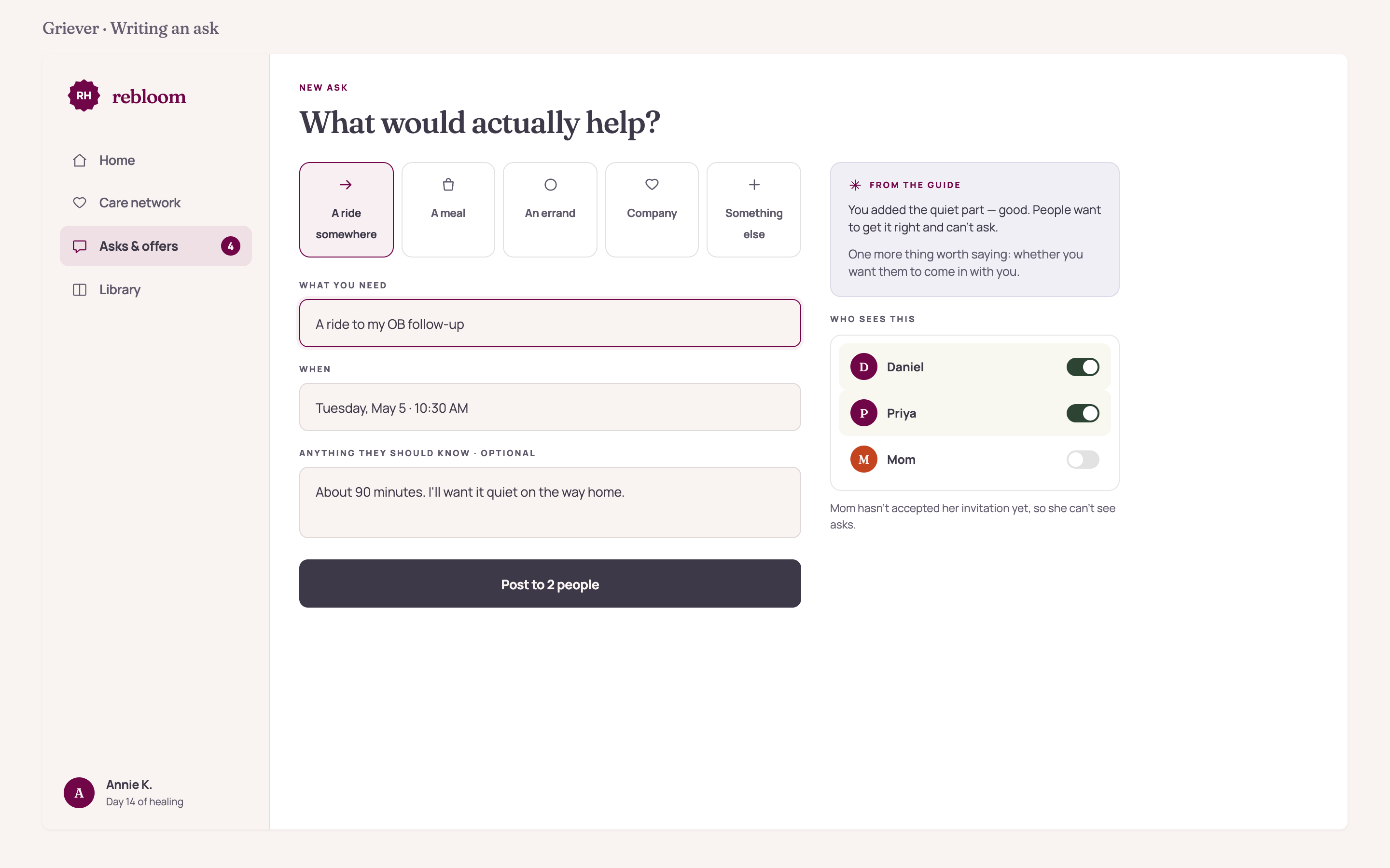 Rebloom: writing an ask to your care network
